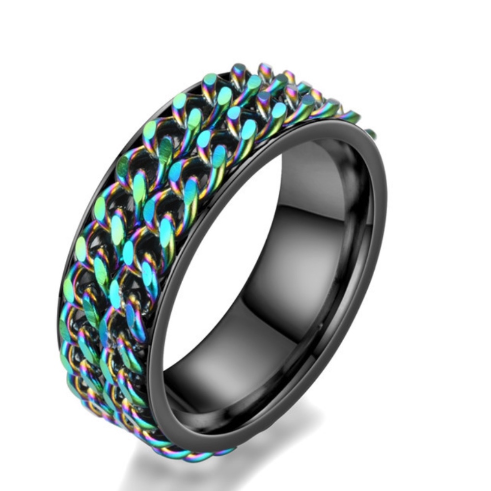 Rainbow Black Chain Fidget Spinner Ring Stainless Steel Unisex